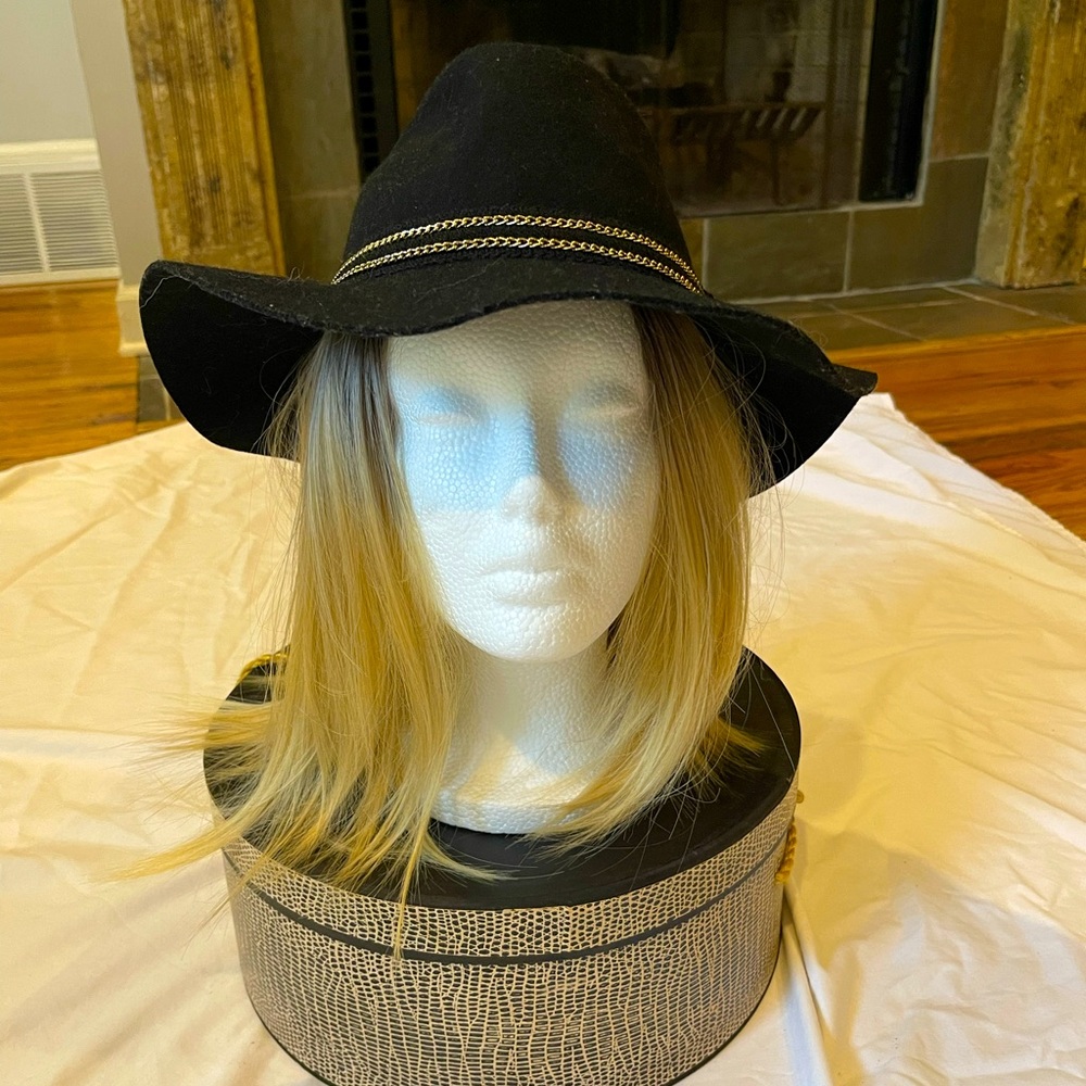 Black Wool Felt Floppy Boho Hat with Gold Chain